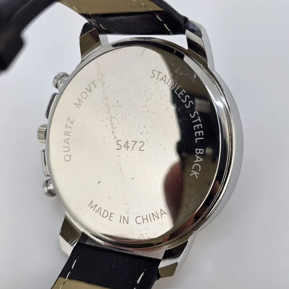 48MM Men's Analog Watch Black Dial Black Faux Leather Bands New‎ Battery